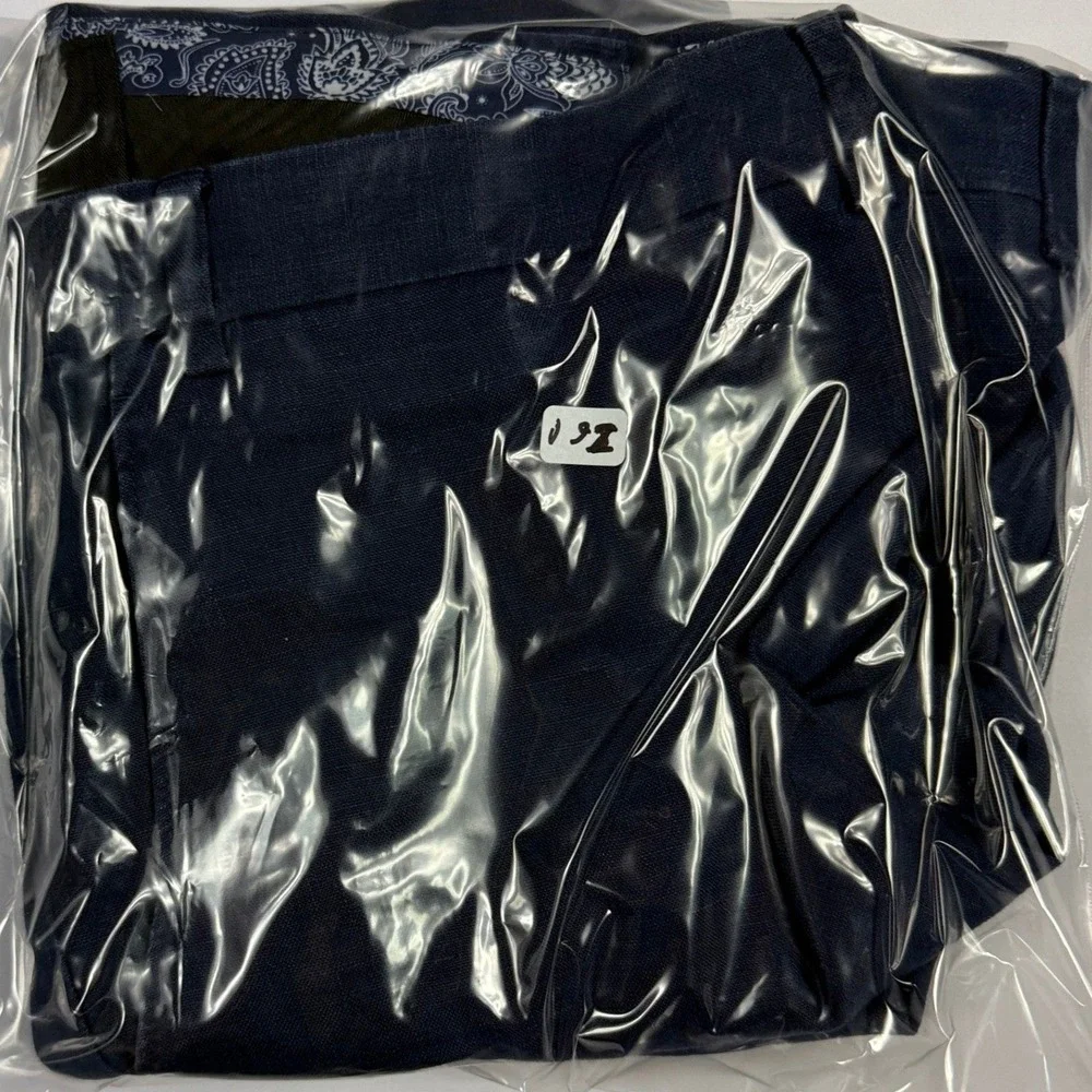 Ralph Lauren Navy Blue Linen Trousers Flat Front Mens Pants 44x26